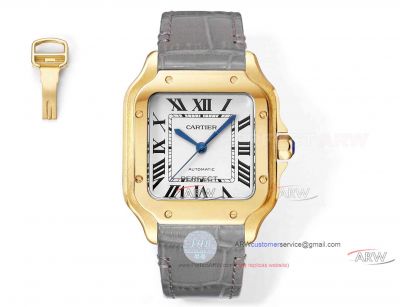 AAA replica Cartier Santos gold case grey leather strap mechanical couple watch 